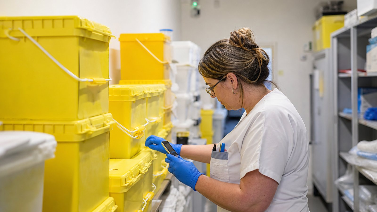 Contenants jaunes rangés par date dans un local à déchets fermé et ventilé