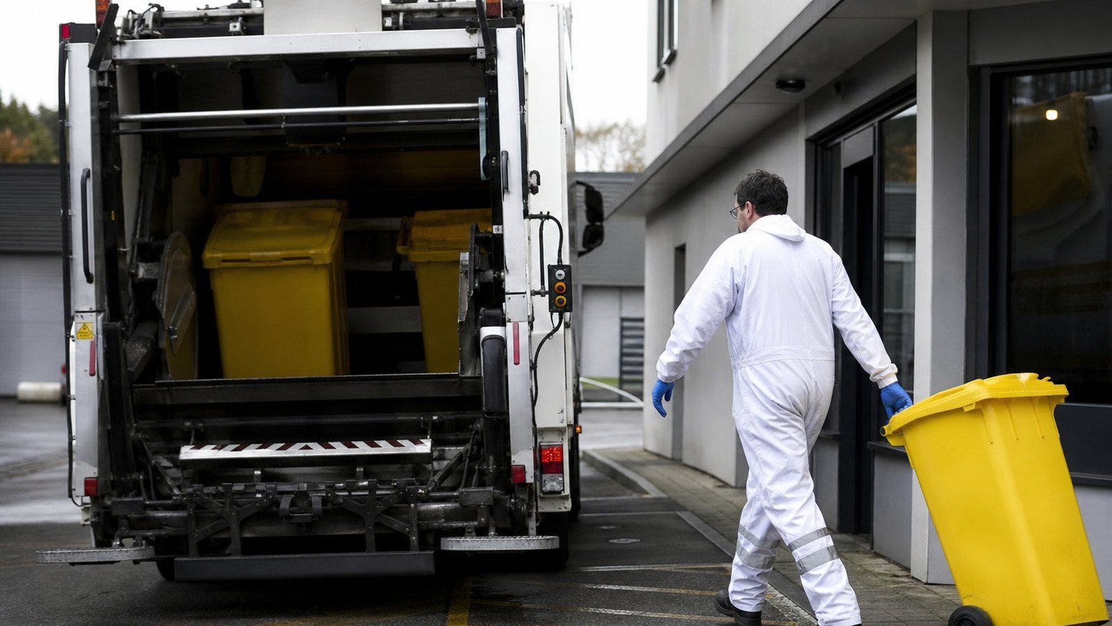 Camion de collecte de déchets de soins devant un établissement